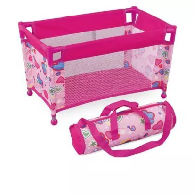 Gėlytėmis ir širdelėmis puošta kelioninė lovytė lėlytėms – 52 cm
