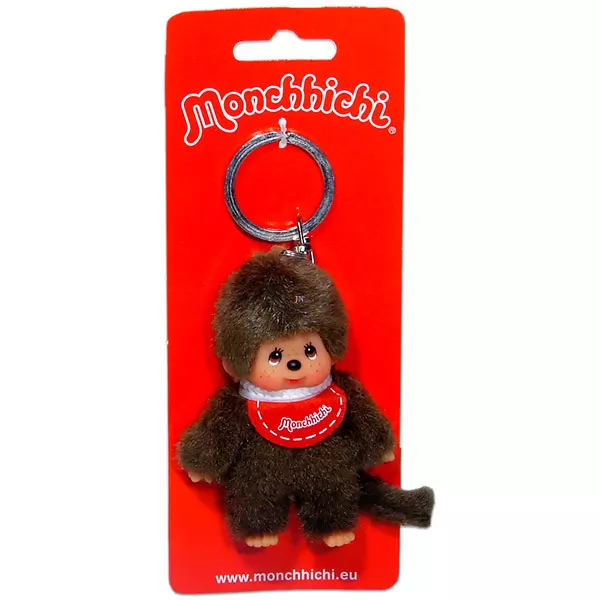 Monchhichi - Breloc figurină băieţel cu baveţică roşie - 10 cm