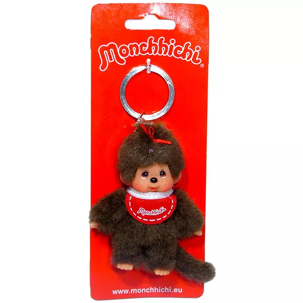Monchhichi - lány kulcstartó figura piros előkével - 10 cm