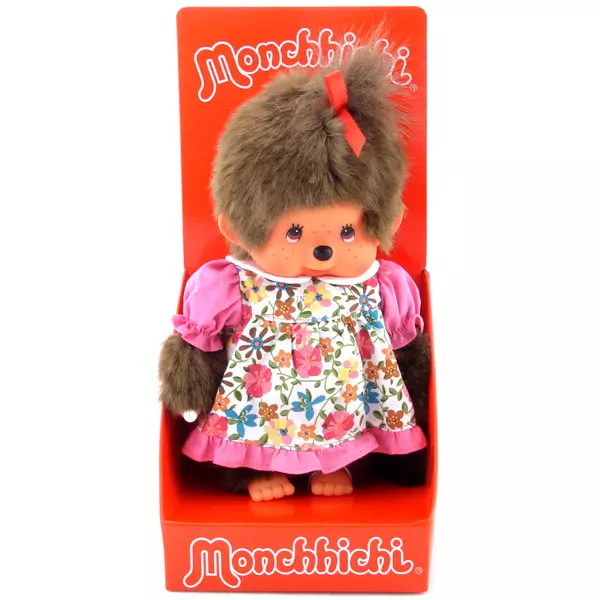 Păpuşă Monchhichi fetiţă cu rochiță cu model floral - 20 cm