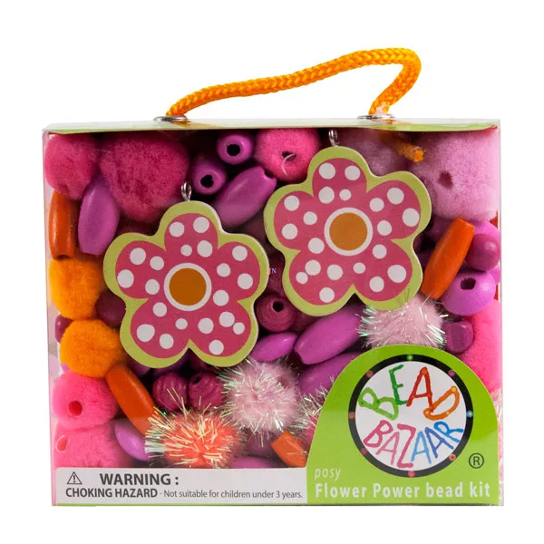 Mini gyöngyfűző készlet - plüss és fa virágok, rózsaszín