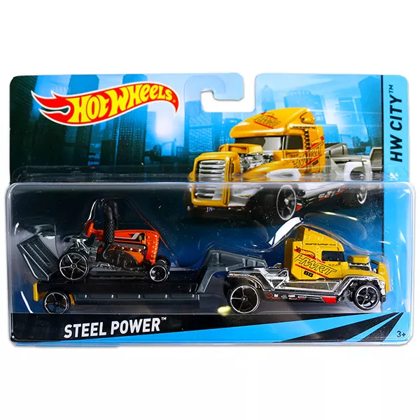 Hot Wheels City: Steel Power sárga autószállító kamion traktorral