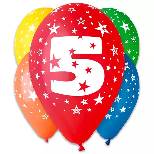 Lot de 5 ballons colorés avec le chiffre 5.