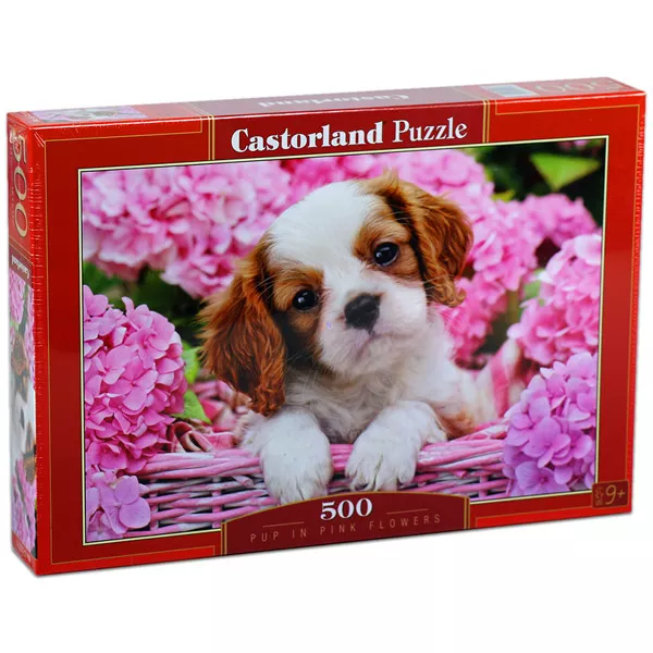 Kutya kölyök rózsaszín virágokkal puzzle - 500 db