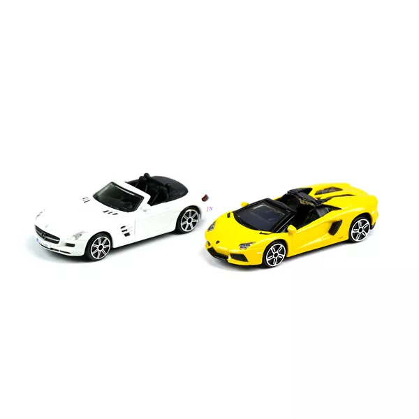 Bburago: kisautók 1:43 - fehér Mercedes-Benz SLS AMG Roadster és sárga Lamborghini Aventador LP700-4 Roadster