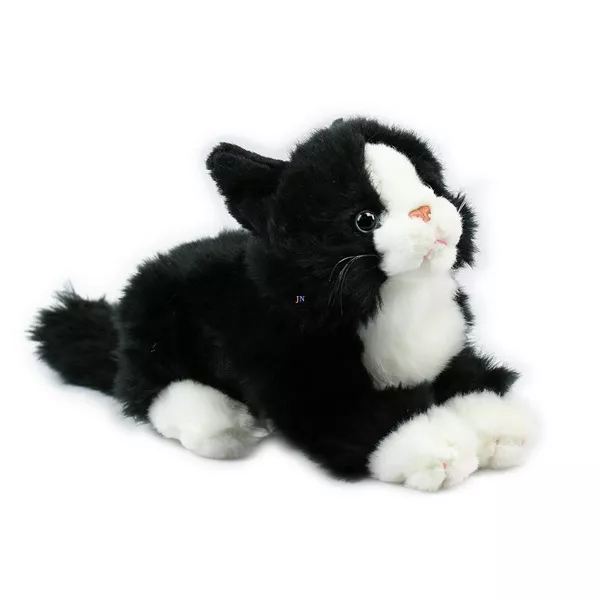 Fekvő cica plüss - 22 cm, fekete-fehér