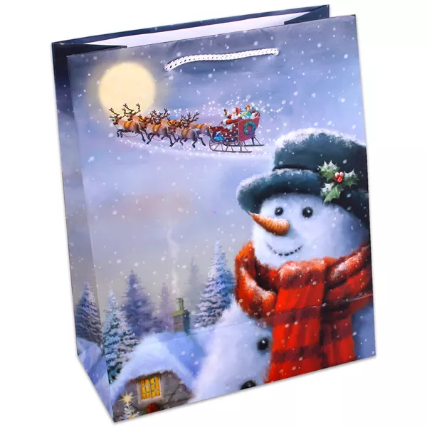 Karácsonyi ajándékzacskó - közepes, hóember és télapó szánnal 33 x 26 cm
