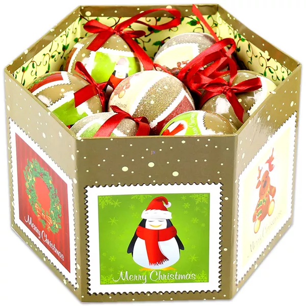 Karácsonyi gömbdíszek dobozban 14 darab - pingvin sapkában