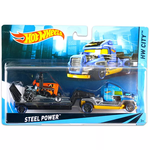 Hot Wheels City Steel Power autószállító kamion versenyautóval