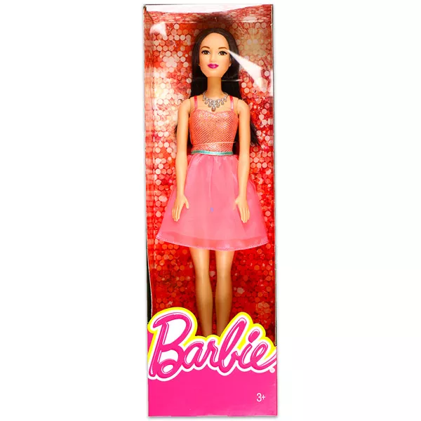 Parti Barbie baba, fekete hajú rózsaszín ruhában