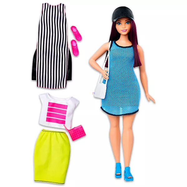 Barbie Fashionistas: molett lány kék ruhában, fehér retiküllel 
