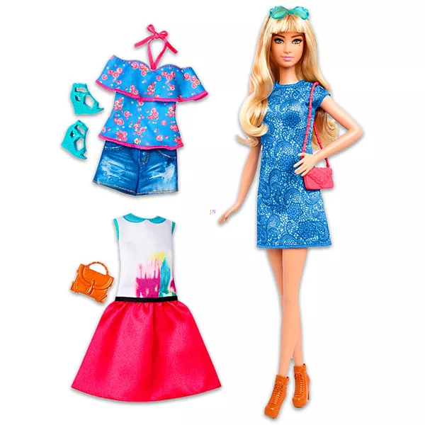Barbie Fashionistas: szőke hajú, magas lány, kék ruhában rózsaszín retiküllel 