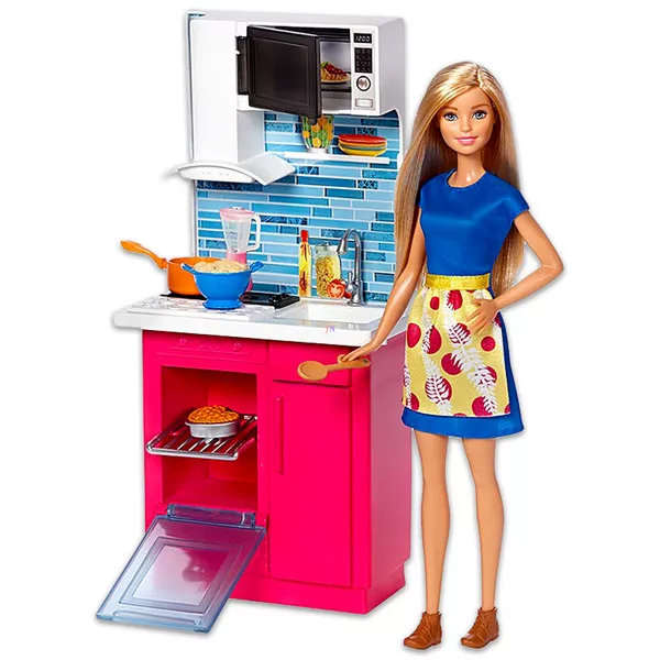 Barbie bútorok: konyha szőke hajú Barbie-val
