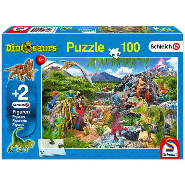 Schmidt: Regatul dinozaurilor puzzle cu 100 piese cu 2 figurine Schleich