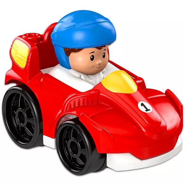 Little People autópajtások: barna hajú kisfiú piros versenyautóban
