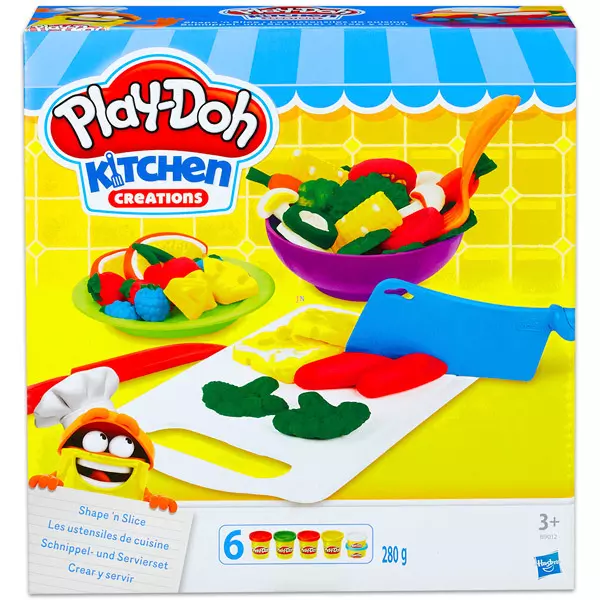 Play-Doh Kitchen Creations: Set tocător cu 6 borcănaşe de plastilină