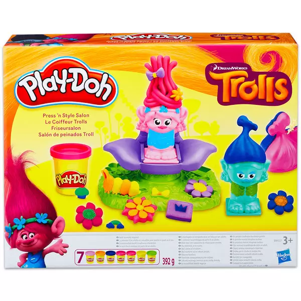 Play-Doh Trolls: Set Salon de coafură cu 7 borcănaşe de plastilină