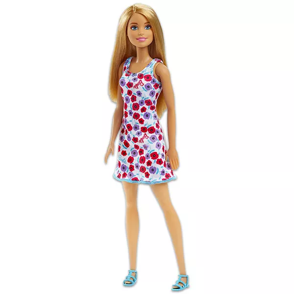 Barbie: Divatos szőke hajú Barbie fehér, virágos ruhában 