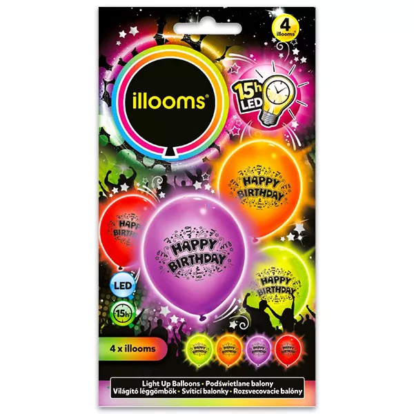 Illooms: Happy Birtday baloane cu LED - 4 buc.