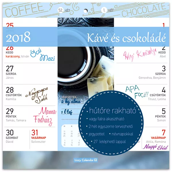 Kávé és csokoládé mágneses kétheti tervező naptár - 2018 