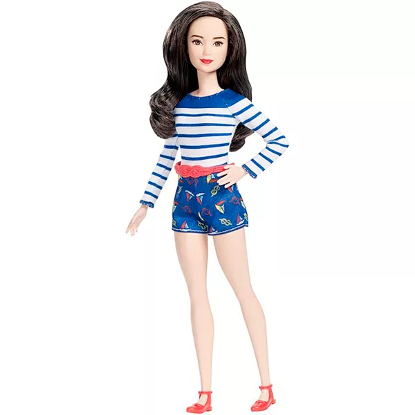 Barbie Fashionistas: barna hajú, alacsony Barbie kék-csíkos felsőben