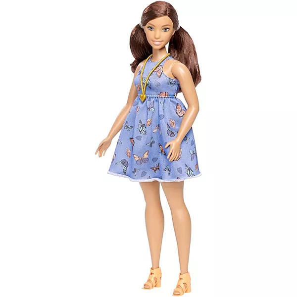 Barbie Fashionistas: barna hajú, molett Barbie pillangó mintás ruhában 