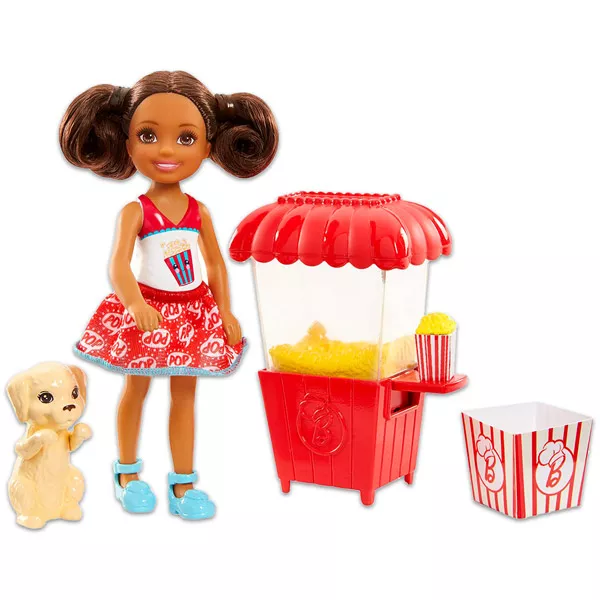 Barbie: Barna bőrű Chelsea popcorn géppel és kiskutyával