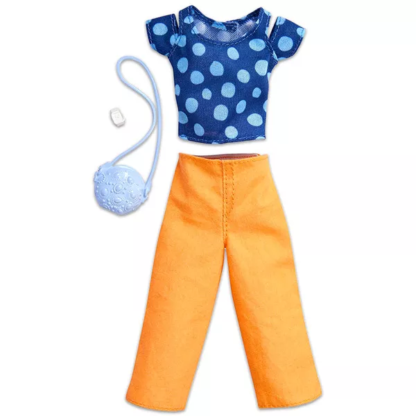 Barbie: Haine asortate - Bluză albastră cu buline, pantaloni portocaliu şi poşetă