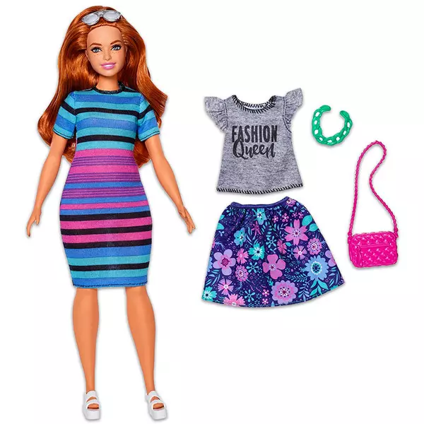 Barbie Fashionistas: păpuşă Barbie brunet, molet, în rochie cu dungi
