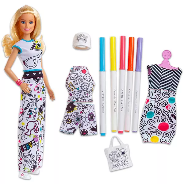 Barbie Crayola: Szőke hajú Barbie ruhaszínező készlettel