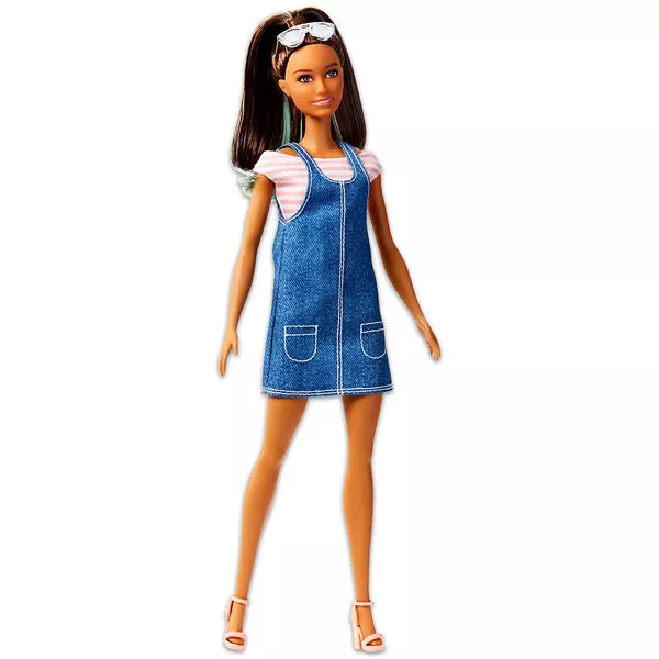 Barbie Fashionistas: barna-kék hajú baba farmerruhában 