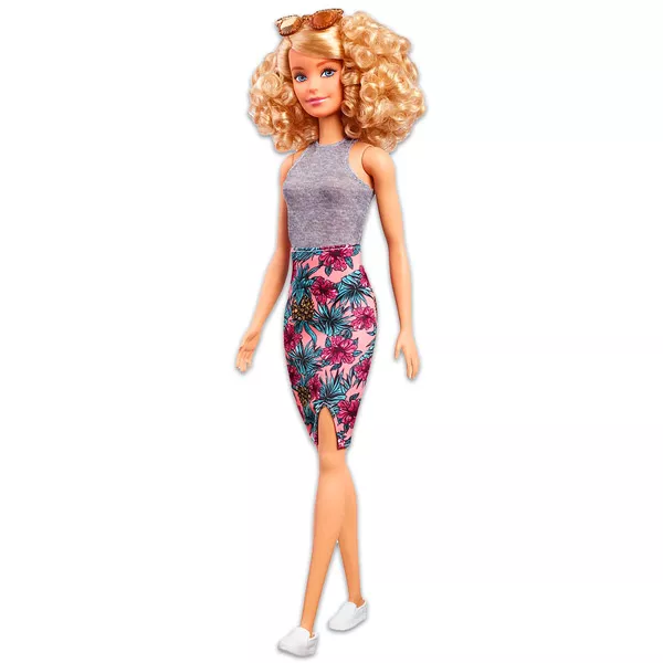 Barbie Fashionistas: szőke, göndör hajú baba virágos szoknyában 