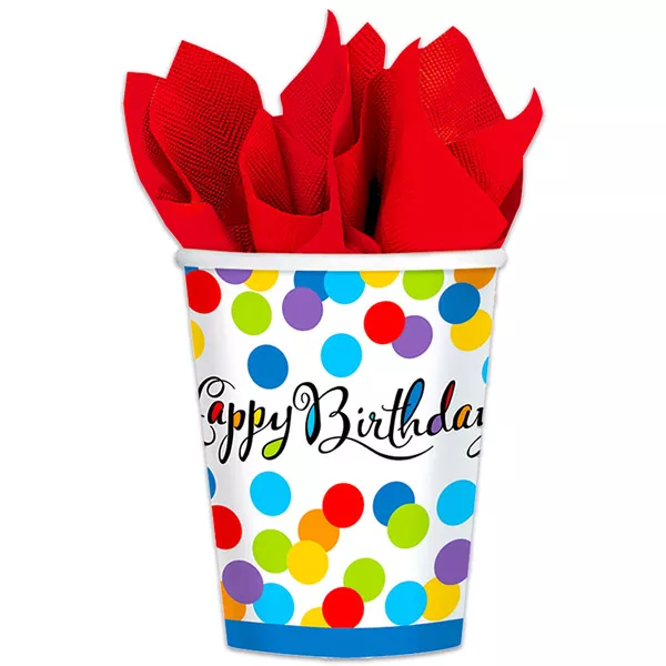 Happy Birthday: pahare carton cu model buline - 18 buc., 266 ml