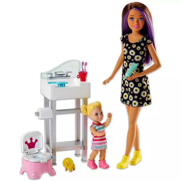 Barbie Skipper: lila-barna hajú bébiszitter Skipper szőke kislánnyal
