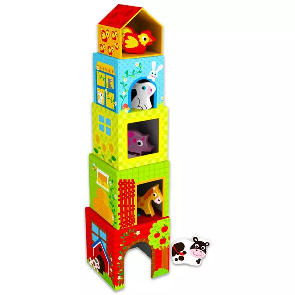 Tooky Toy: Farm témájú toronyépítő kockák fa állatkákkal