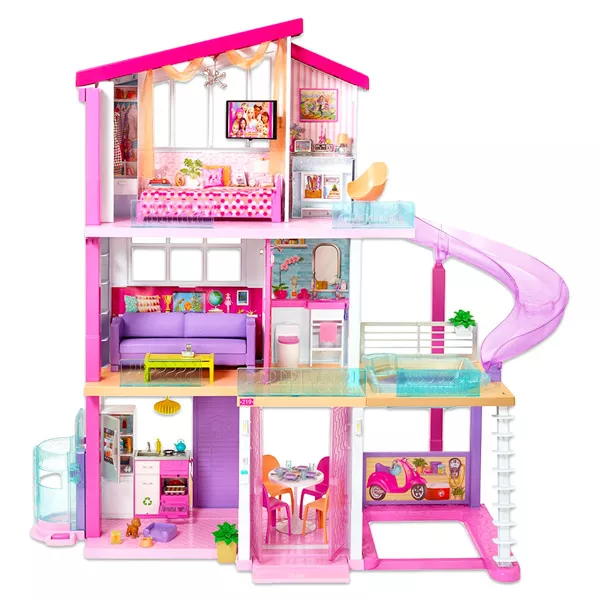 Barbie Dreamhouse: Căsuţă de păpuşi cu trei nivele, cu piscină şi tobogan