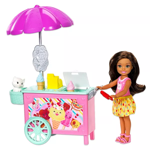 Barbie: Păpuşă Chelsea brunet cu cărucior de îngheţată