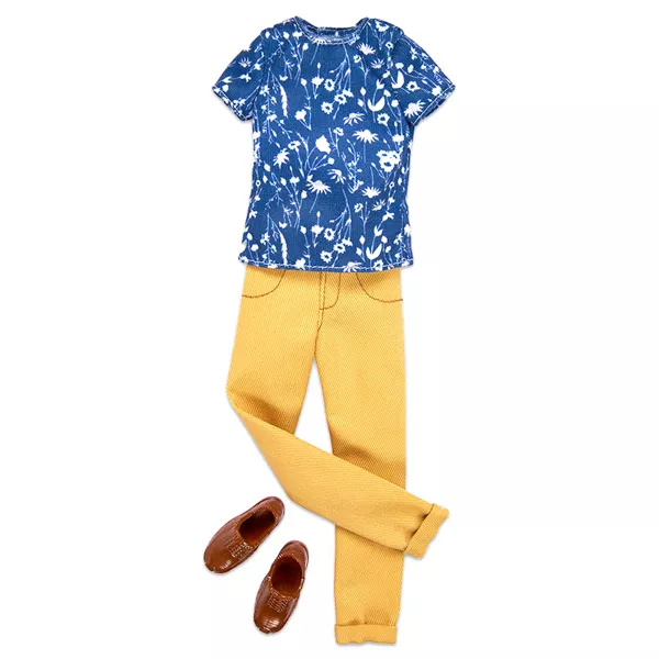 Ken Divatőrület: virág mintás póló, mustár színű nadrág, barna cipő szett