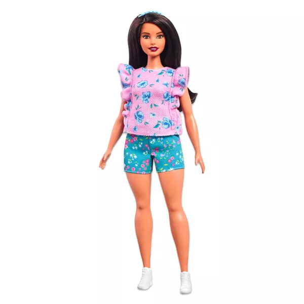 Barbie Fashionistas: rózsaszín virágos ruhás duci baba