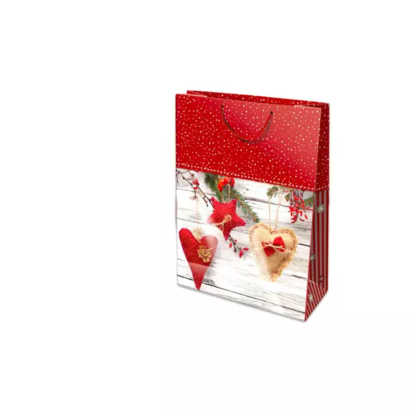 Pungă cadou de crăciun cu model inimioară, roșu - 28 x 12 x 38 cm