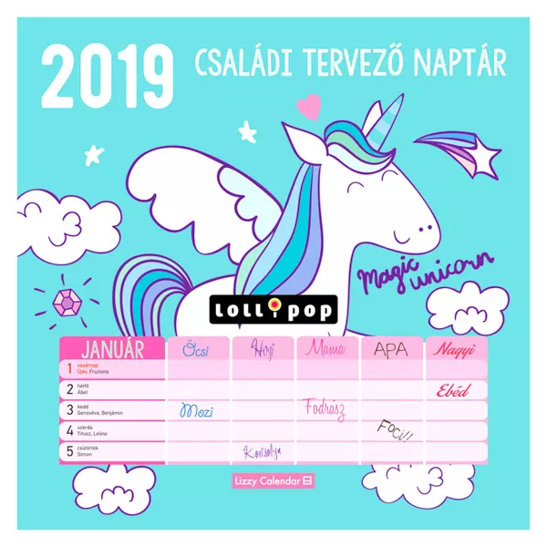 Lollipop: unikornisos nagy családi tervező lemeznaptár - 2019