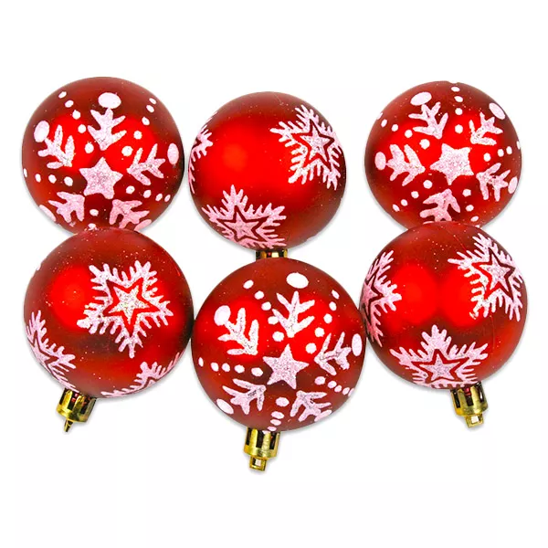 Karácsonyi gömbdísz festett mintával, 6 darab - 6 cm, piros