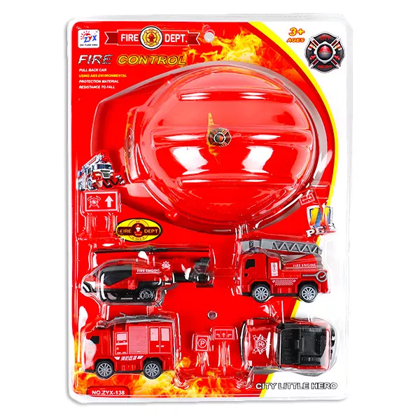 Set maşini de pompieri cu cască de protecţie - 4 piese