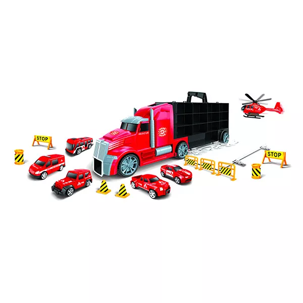 Autószállító kamion tűzoltóautókkal