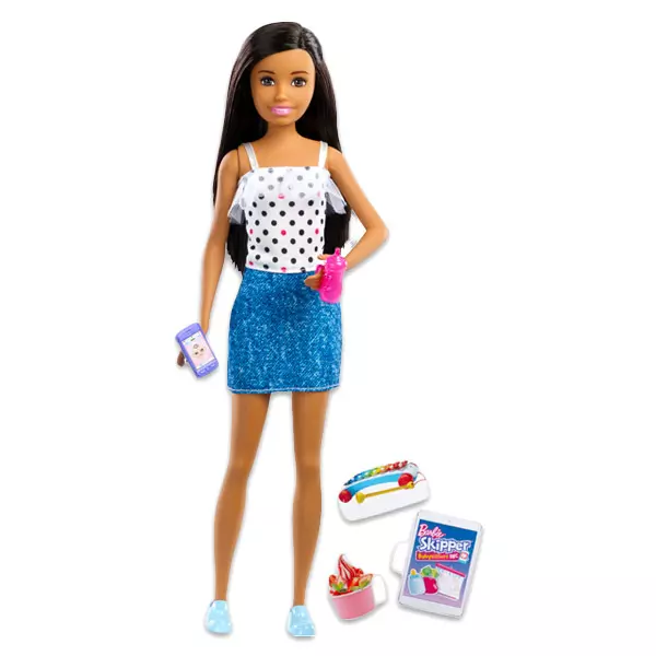 Barbie Skipper Babysitters: Păpuşă Skipper brunet închis în fustă denim