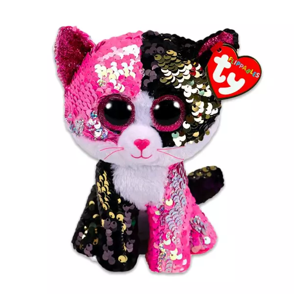 TY Beanie Babies: Malibu flitteres cica plüssfigura - 15 cm, pink-fekete