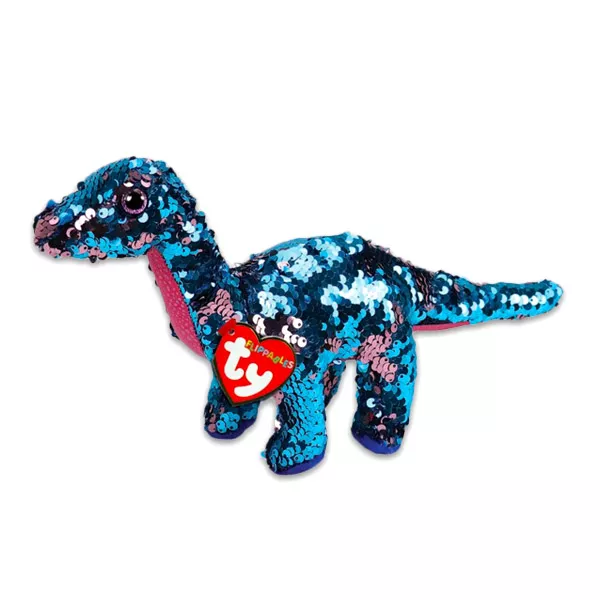 TY Beanie Babies: Tremor figurină dinozaur de pluş cu paiete - 15 cm, albastru-roz