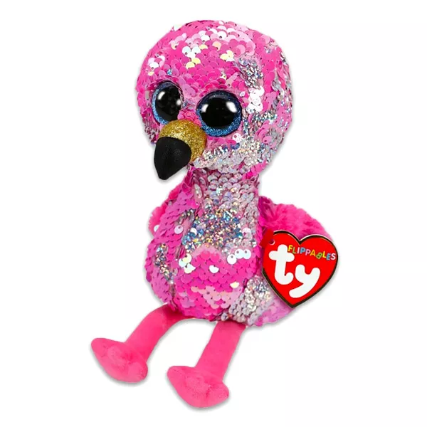TY Beanie Babies: Pinky figurină flamingo de pluş cu paiete - 15 cm, roz
