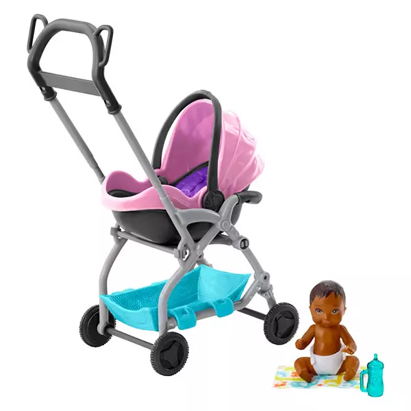 Barbie Skipper: Set accesorii babysitter - cărucior cu păpuşă afro
