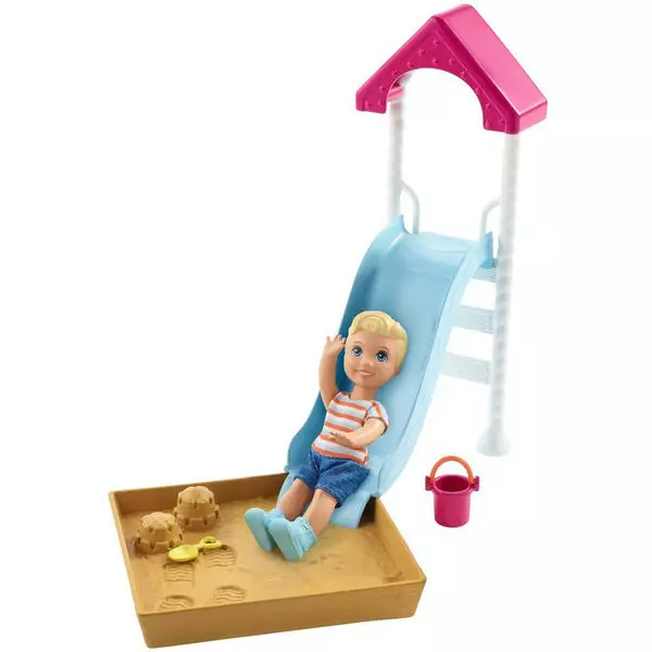 Barbie Skipper: Set accesorii babysitter - teren de joacă cu păpuşă băieţel blond